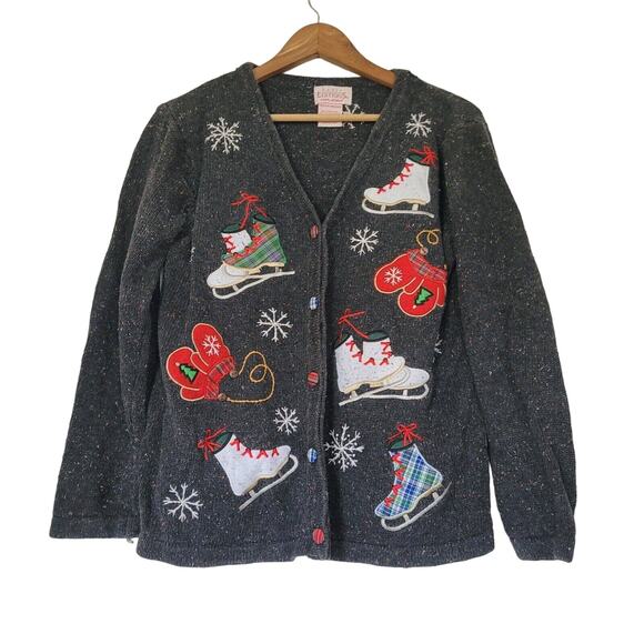 Vtg Basic Editions Winter Christmas Cardigan Sweater Womens M Cottagecore Cabin - Picture 1 of 9